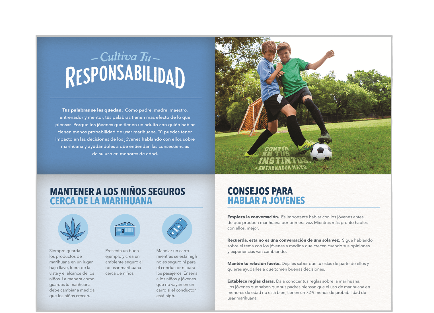 Una imagen de vista previa de una tarjeta plegable de bolsillo para adultos que ofrece consejos y orientación para educar a los adolescentes sobre los riesgos del consumo de cannabis en menores de edad.